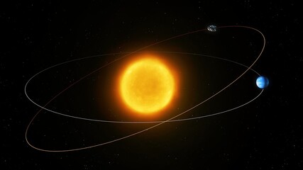 Asteroid crosses Earth's orbit. Large space rock orbits the sun. Trajectory of celestial body. © Nazarii