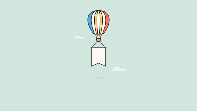 Colorful hot air balloon floating through the sky carrying a blank white banner in this smooth animated motion video clip.