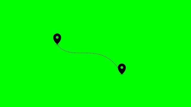 Black location pins connected by a dotted line path animation showing travel route trajectory on a bright green video background