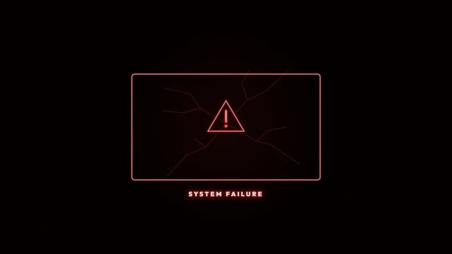 System failure warning symbol glows with intense red neon light inside a cracked digital screen frame motion video animation