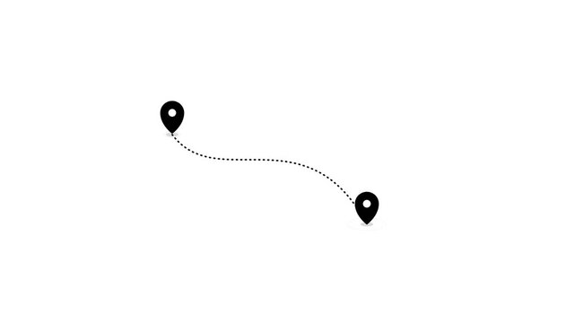 Location pins connected by a dotted line travel path animation showing geographic movement in this minimalist digital motion footage