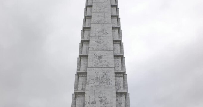 Juche Tower in the center of Pyongyang, North Korea. Cloudy day view.