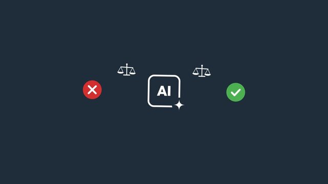 Artificial intelligence ethics icon featuring scales of justice in a sleek digital motion animation clip for modern corporate presentations
