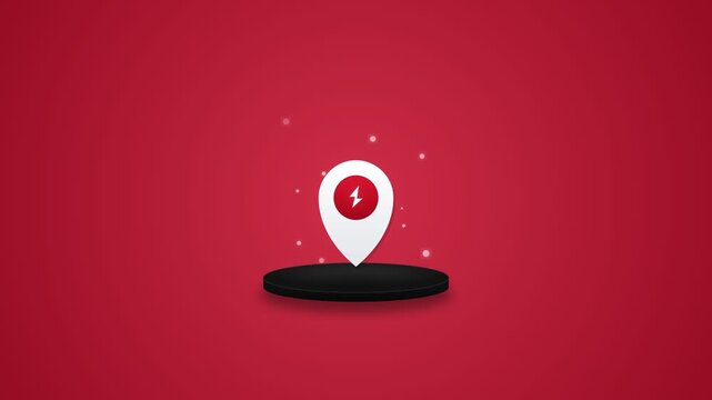 White map location pin icon with a red flash symbol sits on a circular pedestal in this smooth digital animation video