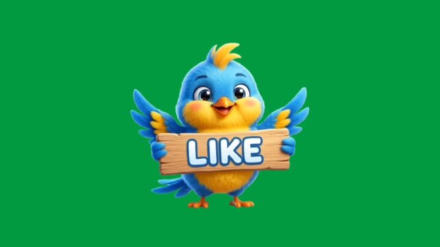 Cute Blue Bird Holding Like Sign Animation on Green Screen