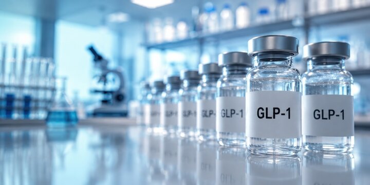GLP-1 medication vials in laboratory. Modern pharmaceutical research for diabetes management, obesity treatment, metabolic health and innovative drug development, Horizontal banner