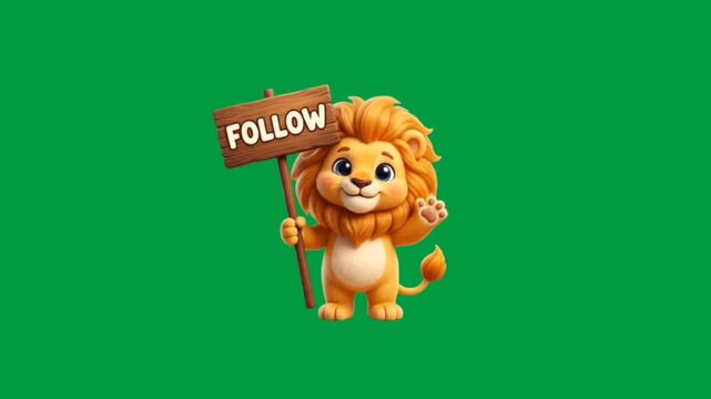 Cute Lion Holding FOLLOW Sign Animation on Green Screen background 