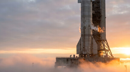 Naklejka premium Large metallic rocket on launch tower venting steam against a dramatic orange sunset sky with clouds and fog