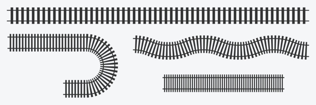 Set of railroad segment. rail road elements top view. train track straight and wavy lines, circle and oval frames isolated on white background. fence or stairs texture. vector graphic illustration . 