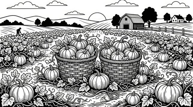 Black and white illustration of a pumpkin patch with baskets at harvest time in a rural landscape