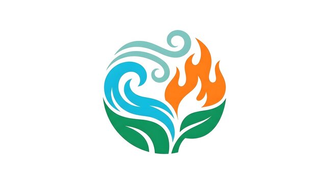 Abstract four elements logo design in a circular shape, vector emblem representing air waves, fire flame, water splash, and green earth leaves, isolated on white background