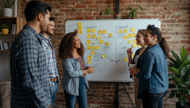 Diverse creative business team brainstorming with sticky notes on whiteboard