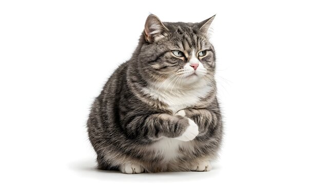 Funny chubby tabby cat with a grumpy and judging side-eye expression, detailed digital illustration of a fat angry kitten isolated on white background