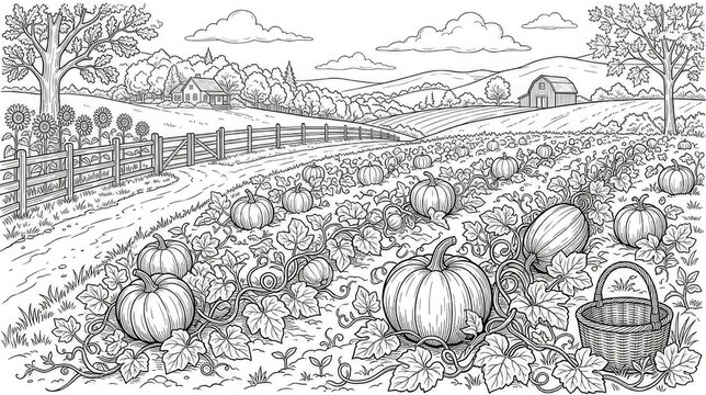 Black and white illustration of a pumpkin patch on a farm with a house and barn in the background for coloring book