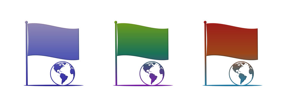 Three colorful flags and small earth globes icons set