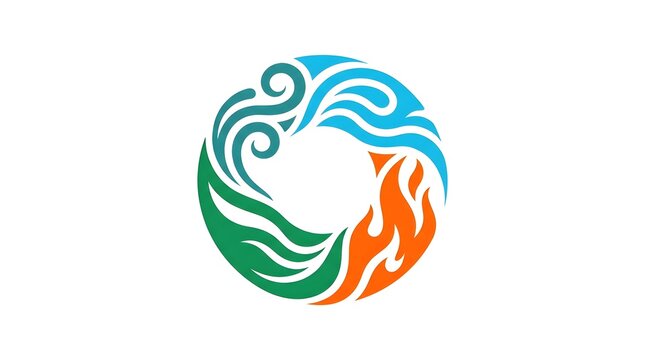 Abstract four elements logo design, circular vector icon representing air, water, fire, and earth symbols, isolated on white background