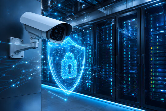 AI security camera protecting a modern data center with cybersecurity network