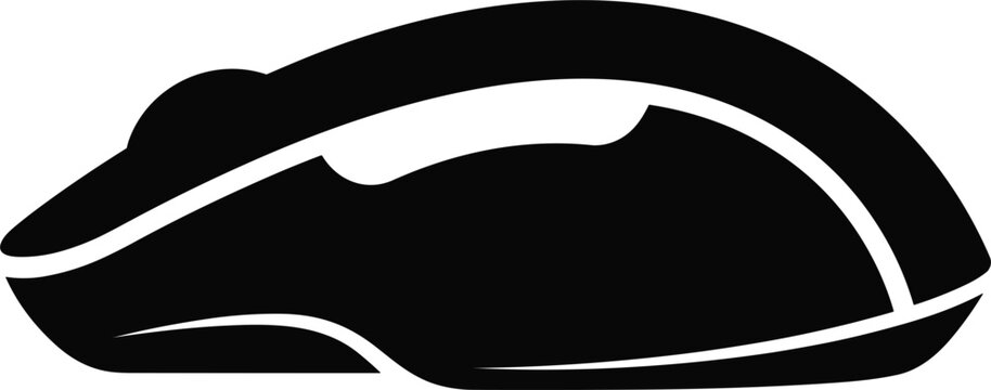 Minimalist side view computer mouse black silhouette icon vector featuring sleek ergonomic design profile for digital gaming and office work isolated on white background.