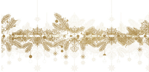 Elegant Golden Christmas Seamless Border Design with Ornaments, Snowflakes, and Pine Branches for Winter Holiday Vector Backgrounds, Greetings, and Packaging © Trump!