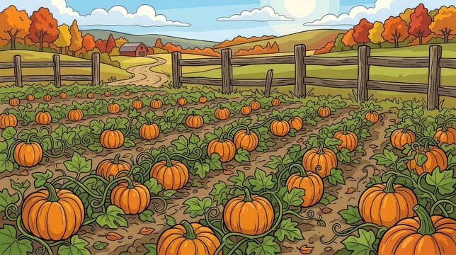 Cartoon pumpkin patch illustration with farmhouse and wooden fence in autumnal landscape