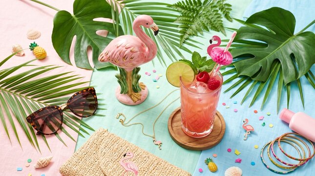 Tropical Flamingo-Themed Summer Lifestyle Flat Lay