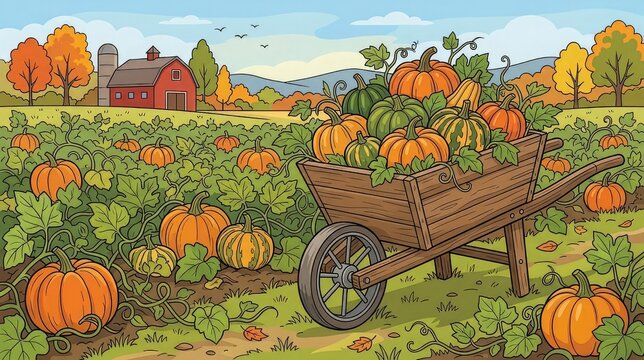 Harvest scene with a wheelbarrow full of pumpkins in a vibrant autumnal pumpkin patch near a rustic red barn