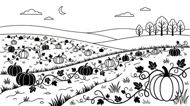 Black and white illustration of a pumpkin patch under a crescent moon
