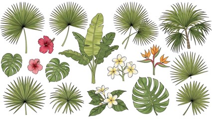 Naklejka premium Tropical plants and flowers arrangement on white background