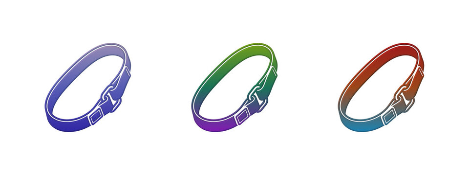 Three colorful pet collars with metal buckles in isometric