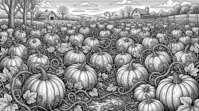 Black and white illustration of a pumpkin patch on a farm with barns and trees in the background for halloween