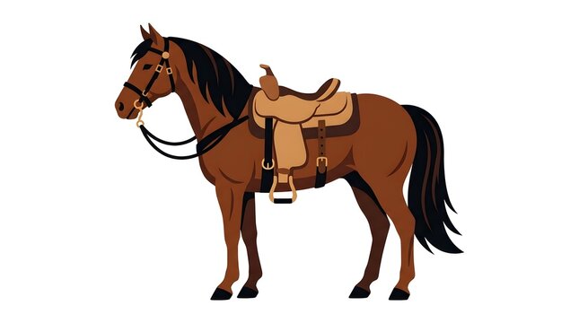 Brown horse standing full length wearing a western saddle and bridle flat vector illustration isolated on white background