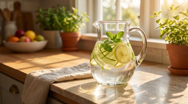 Refreshing Infused Water with Lemon and Mint in Glass Pitcher