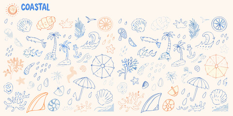 Coastal Scene Vector Illustration With Seashells Palm Trees And Beach Elements © Minati