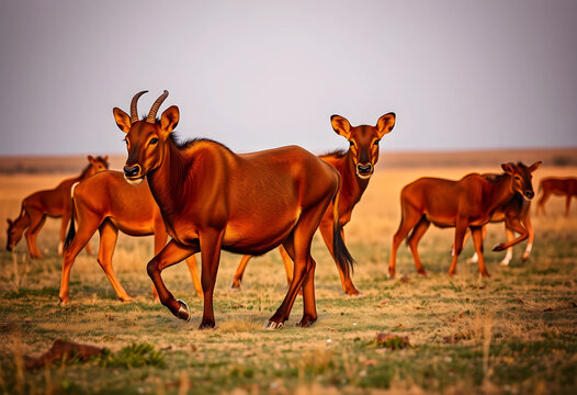 Herd of alert blesboks walking in open field at golden hour