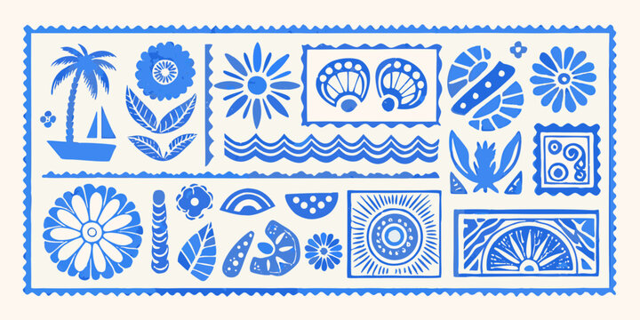 Blue tropical floral and nautical pattern stamp style illustration