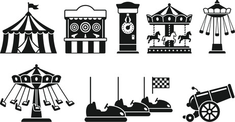 Amusement park silhouette vector icons collection featuring circus big top tent carnival games carousel bumper cars and swing rides isolated on a white background. © Mehedi