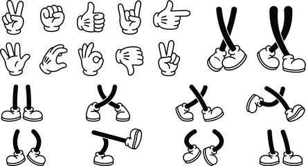 Fototapeta premium Cartoon hands and legs vector collection in classic animation style featuring comic gloved hands gestures and standing walking or jumping poses isolated on white background.