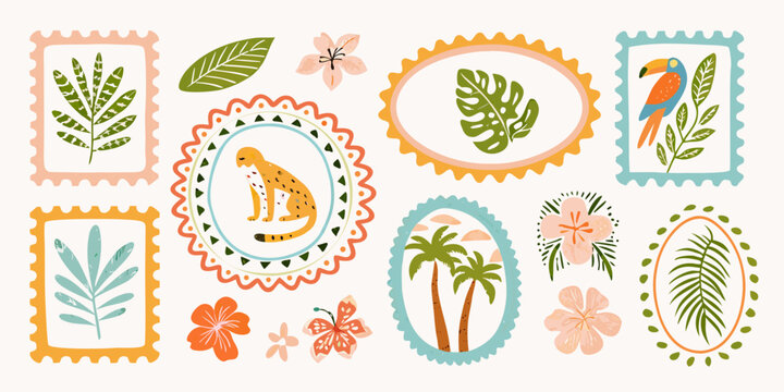 Tropical floral and animal illustrations in decorative stamp shapes