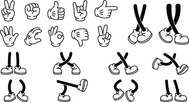 Cartoon hands and legs vector collection in classic animation style featuring comic gloved hands gestures and standing walking or jumping poses isolated on white background.