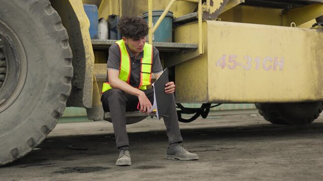 A tired industrial worker sits on heavy machinery, appearing stressed and overwhelmed while reviewing paperwork during a work break at a construction site.