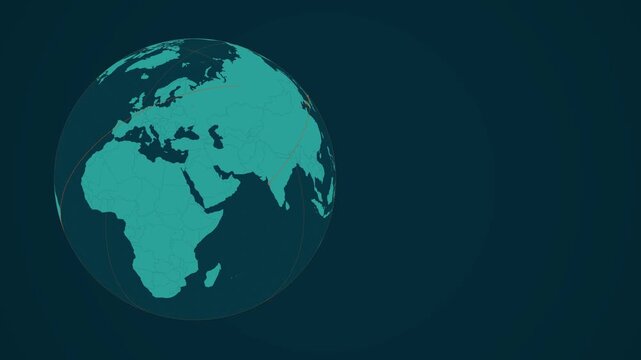 Global network connections span across a digital 3D earth globe graphic in a clean cinematic corporate presentation background with teal continents