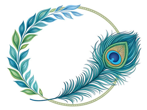 Peacock feather circular frame, vibrant blue and green feathers forming an elegant border