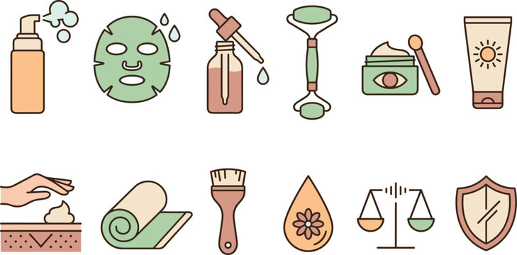 Skincare and Beauty Treatment Icon Collection with Facial Mask, Serum, Sunscreen, Jade Roller, Exfoliation, and Cosmetic Wellness Vector Set