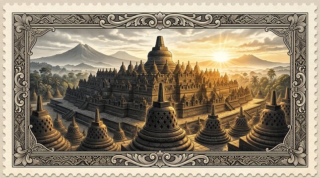 Sunrise at Borobudur Temple with stupas and mountains in background landscape