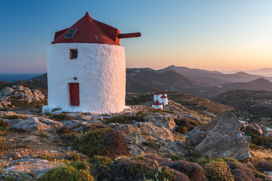 Traditional Windmills of Chora at Sunset, Amorgos, Greece