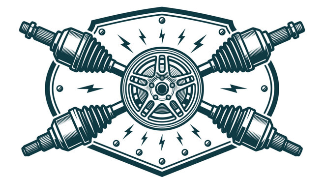 Automotive repair emblem illustration featuring a central car wheel rim overlaid with four crossed CV axles and drive shafts set against a bolted shield with lightning bolts.