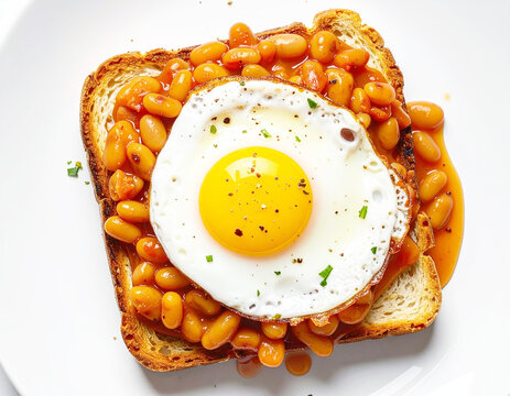 Fried egg on baked beans, toasted wheat bread, top view. AI