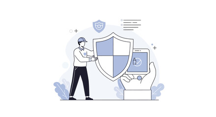 Security Specialist Guarding Massive Shield Icon With Handheld Device for Digital Safety and Data Protection © Turky