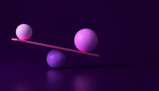 Abstract purple spheres balancing on seesaw