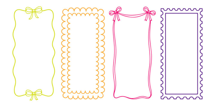 Set of four decorative hand drawn border frames with ribbons and stamp edges